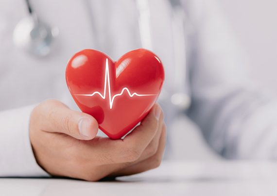 The doctor is holding and showing a red heart with life graph on health insurance myanmar